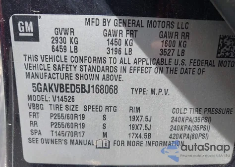 2011 Buick Enclave 1Xl из США, поврежденный, VIN 5GAKVBED5BJ168068